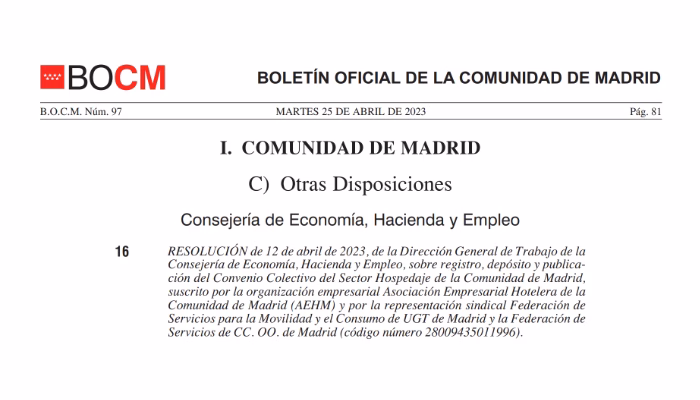 Publicado el Convenio Colectivo de Hospedaje de la Comunidad de Madrid en el BOCM