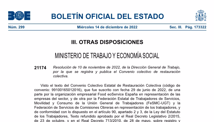 Publicado en el BOE el Convenio colectivo de Restauración Colectiva (2022-2024)