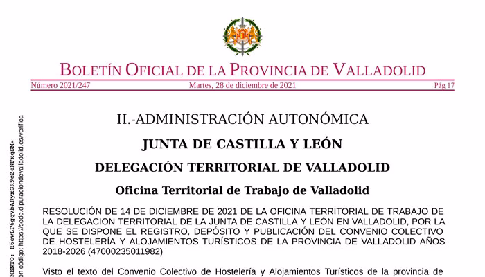 Convenio colectivo de Hostelería y Alojamientos Turísticos de la provincia de Valladolid